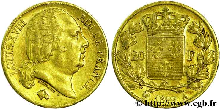 20 francs or Louis XVIII, tête nue, coin cassé 1819 Paris F.519/15 TTB48 