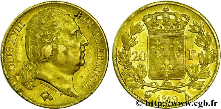 20 francs or Louis XVIII, tête nue, coin choqué 1819 Paris F.519/15 TTB45 