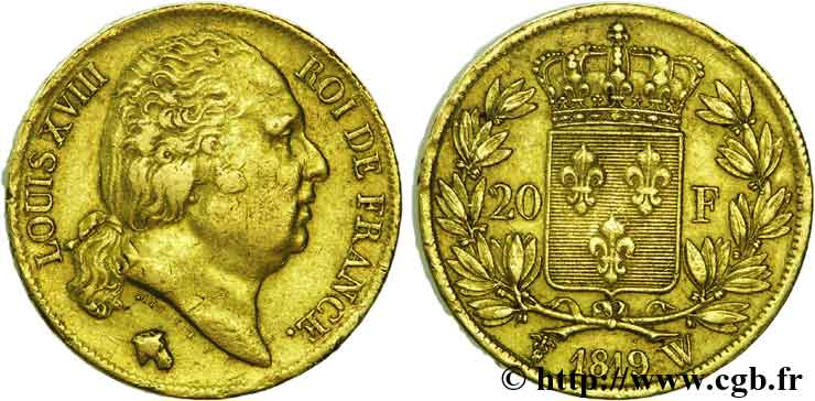 20 francs or Louis XVIII, tête nue 1819 Lille F.519/18 BB45 
