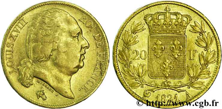 20 francs or Louis XVIII, tête nue, désaxé 1821 Paris F.519/24 TTB45 