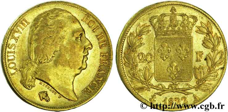 20 francs or Louis XVIII, tête nue 1822 Paris F.519/26 TTB45 