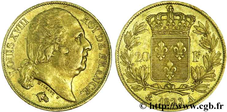 20 francs or Louis XVIII, tête nue 1823 Paris F.519/29 BB48 