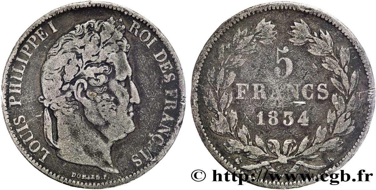 Faux de 5 francs IIe type Domard 1834 Paris F.324/29 var. VF23 