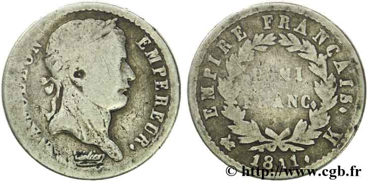 Demi-franc Napoléon Ier tête laurée, Empire français 1811 Bordeaux F.178/27 SGE11 