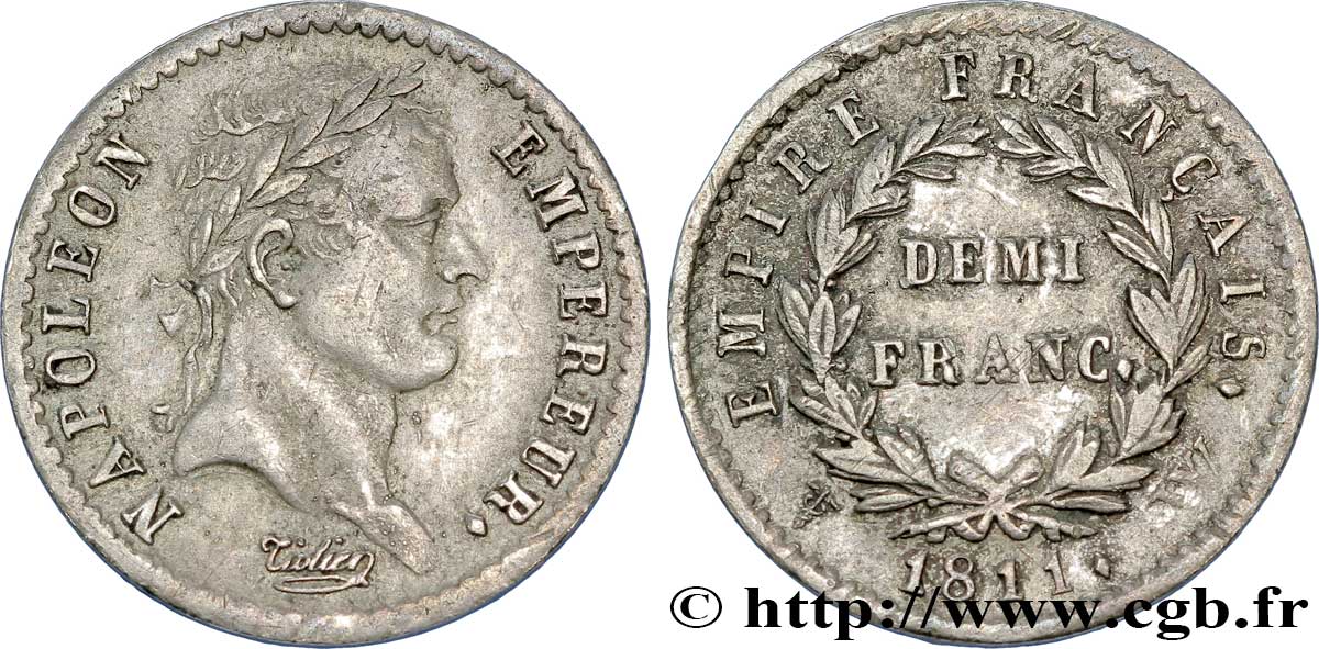 Demi-franc Napoléon Ier tête laurée, Empire français 1811 Lille F.178/34 TTB48 