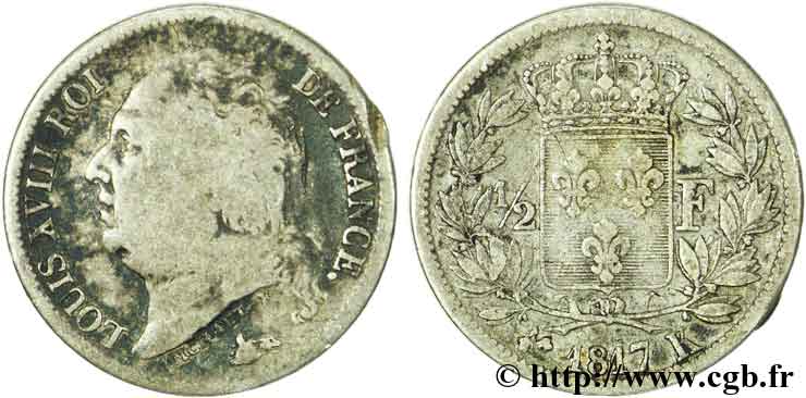 1/2 franc Louis XVIII 1817 Bordeaux F.179/12 TB20 