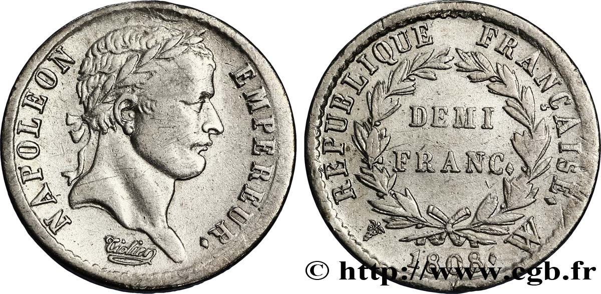 Demi-franc Napoléon Ier tête laurée, République française 1808 Lille F.177/16 BC35 