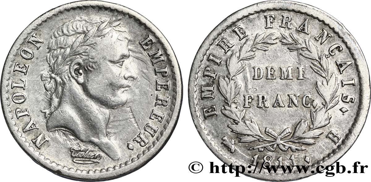 Demi-franc Napoléon Ier tête laurée, Empire français 1811 Rouen F.178/22 XF45 