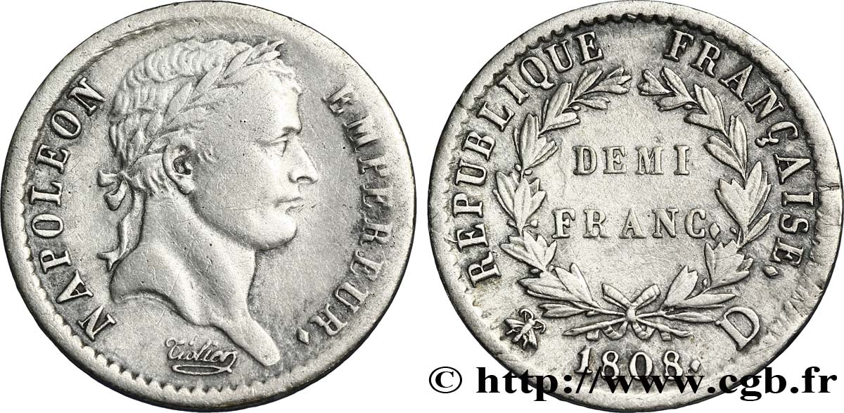 Demi-franc Napoléon Ier tête laurée, République française 1808 Lyon F./ MBC45 
