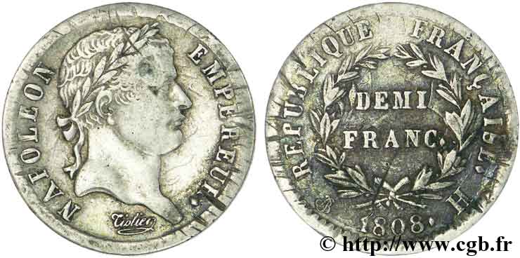 Demi-franc Napoléon Ier tête laurée, République française 1808 La Rochelle F./ XF41 