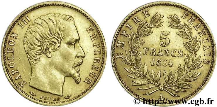 5 francs or Napoléon III, tête nue, petit module, tranche lisse 1854 Paris F.500/1 MBC48 