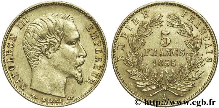 5 francs or Napoléon III, tête nue, petit module, tranche cannelée 1855 Paris F.500A/2 MBC48 