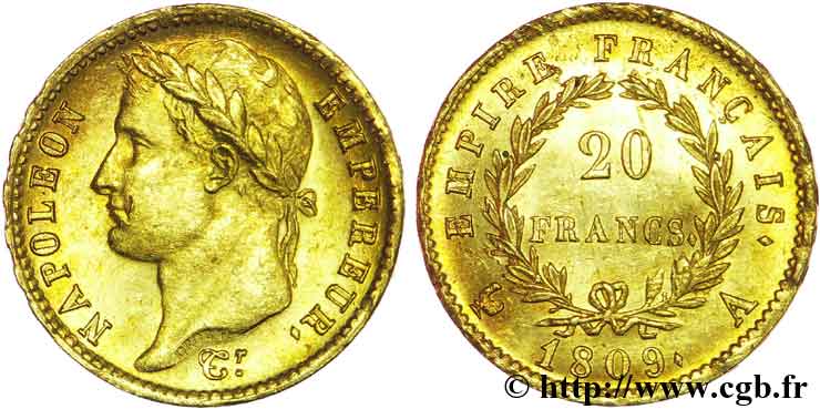20 francs or Napoléon tête laurée, Empire français, tranche A 1809 Paris F.516/1 MS62 