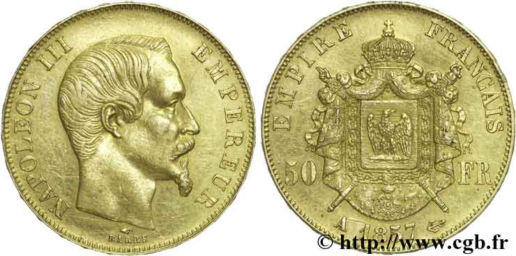 50 francs or Napoléon III, tête nue 1857 Paris F.547/4 AU54 
