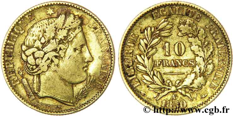 10 francs or Cérès, IIe République, levrette oreille basse 1850 Paris F.504/2 TB38 