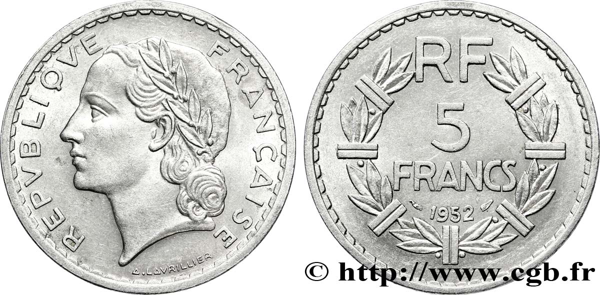 5 francs Lavrillier, aluminium 1952  F.339/22 SS52 