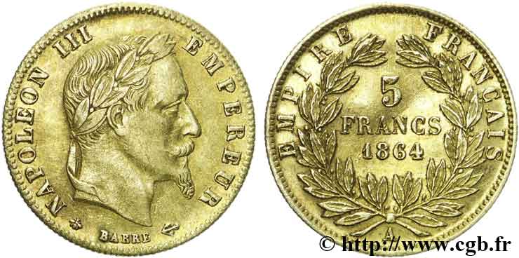5 francs or Napoléon III, tête laurée 1864 Paris F.502/5 EBC58 