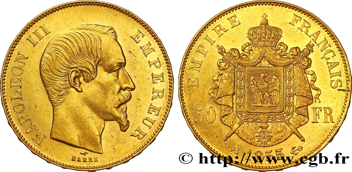 50 francs or Napoléon III, tête nue 1855 Paris F.547/1 MBC52 