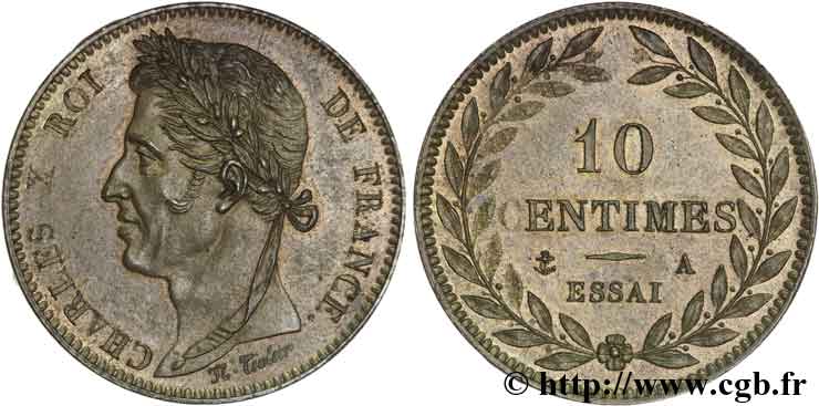 Essai bronze de 10 centimes Charles X n.d. Paris VG.2616  fST63 