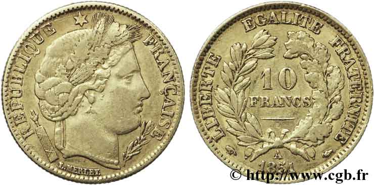 10 francs or Cérès, IIe République 1851 Paris F.504/3 BC35 