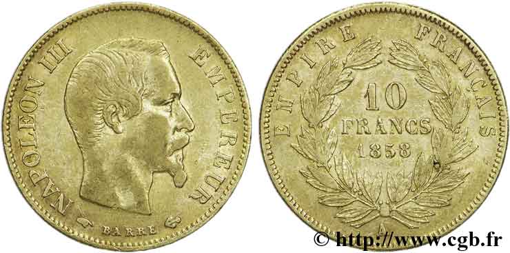 10 francs or Napoléon III, tête nue, grand module 1858 Paris F.506/5 XF48 