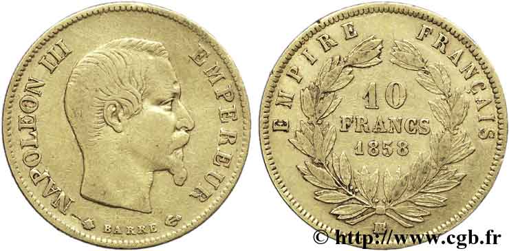 10 francs or Napoléon III, tête nue, grand module 1858 Strasbourg F.506/6 TB38 