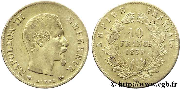 10 francs or Napoléon III, tête nue, grand module 1859 Strasbourg F.506/8 MBC48 