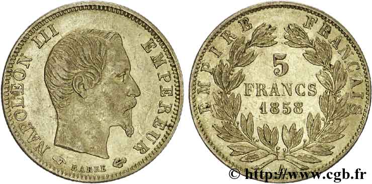 5 francs or Napoléon III, tête nue, grand module 1858 Paris F.501/5 TTB50 