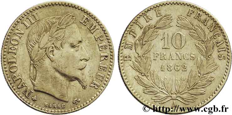10 francs or Napoléon III, tête laurée 1862 Paris F.507A/1 MBC42 