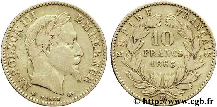 10 francs or Napoléon III, tête laurée 1863 Strasbourg F.507A/5 BB42 
