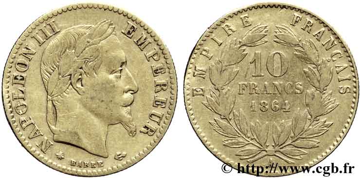 10 francs or Napoléon III, tête laurée 1864 Paris F.507A/6 MBC42 