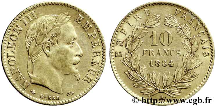 10 francs or Napoléon III, tête laurée 1864 Paris F.507A/6 TTB48 