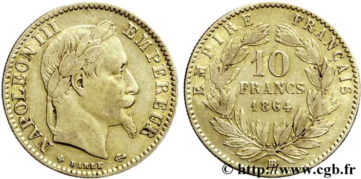 10 francs or Napoléon III, tête laurée 1864 Strasbourg F.507A/7 TTB42 