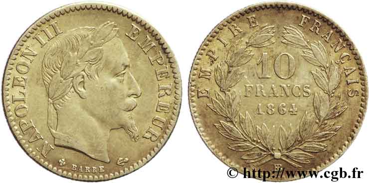 10 francs or Napoléon III, tête laurée 1864 Strasbourg F.507A/7 TTB48 
