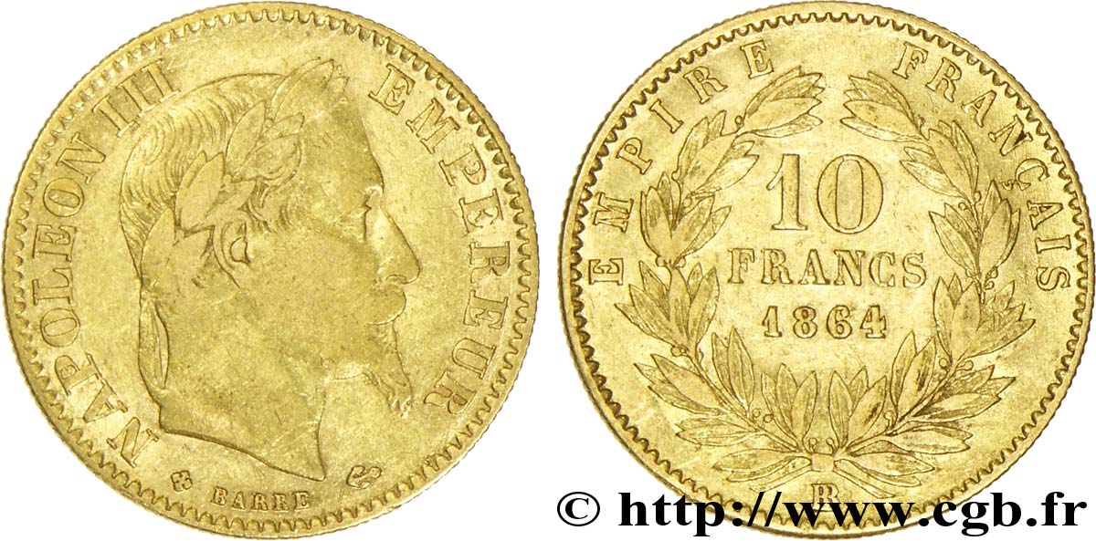 10 francs or Napoléon III, tête laurée 1864 Strasbourg F.507A/8 TTB42 