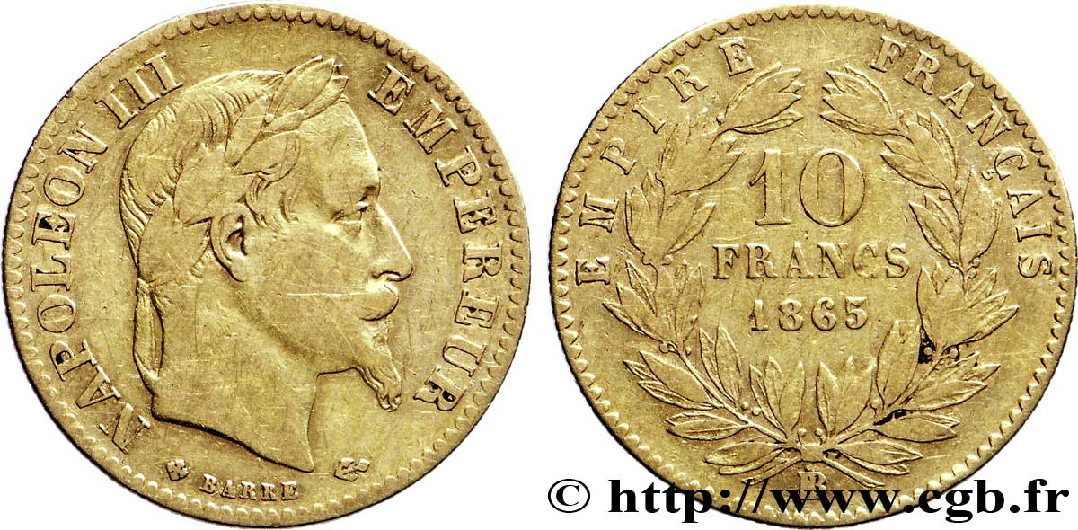 10 francs or Napoléon III, tête laurée 1865 Strasbourg F.507A/11 MBC42 