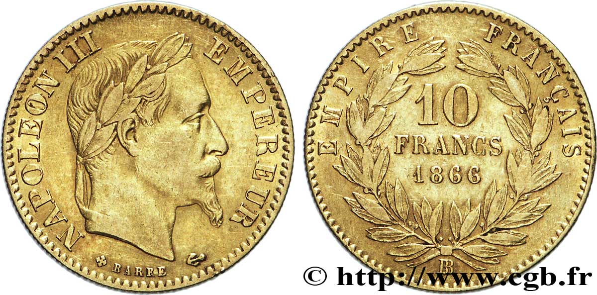 10 francs or Napoléon III, tête laurée 1866 Strasbourg F.507A/14 MBC45 