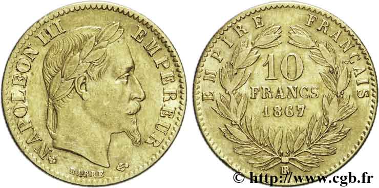 10 francs or Napoléon III, tête laurée 1867 Strasbourg F.507A/16 TTB48 