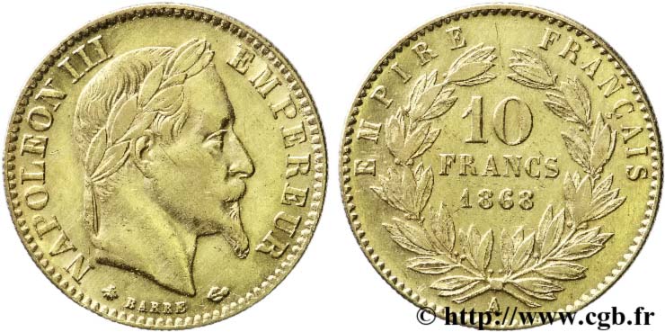10 francs or Napoléon III, tête laurée 1868 Paris F.507A/17 MBC45 