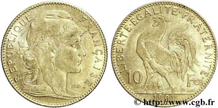 10 francs or Coq 1901 Paris F.509/5 XF48 