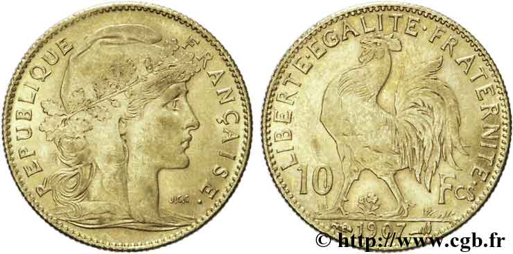 10 francs or Coq 1907 Paris F.509/8 TTB52 