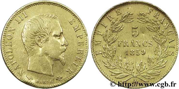 5 francs or Napoléon III, tête nue, grand module 1859 Paris F.501/7 VF25 