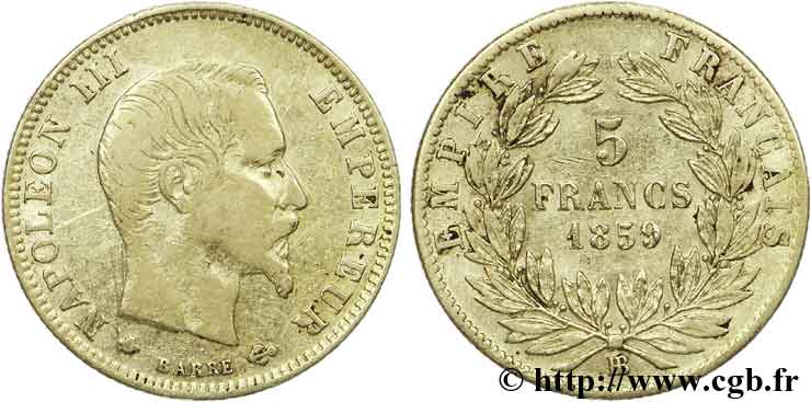 5 francs or Napoléon III, tête nue, grand module 1859 Strasbourg F.501/8 VF38 
