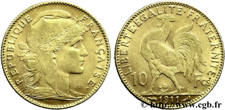 10 francs or Coq 1911 Paris F.509/12 AU55 