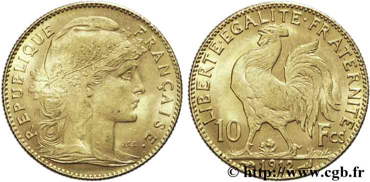 10 francs or Coq 1912 Paris F.509/13 MS60 