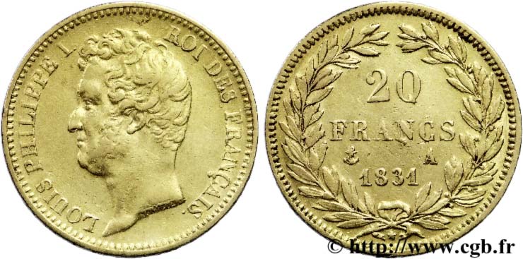 20 francs or Louis-Philippe, Tiolier, tranche inscrite en creux 1831 Paris F.524/2 TTB45 