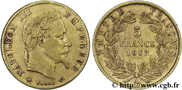 5 francs or Napoléon III, tête laurée 1862 Paris F.502/1 MBC40 