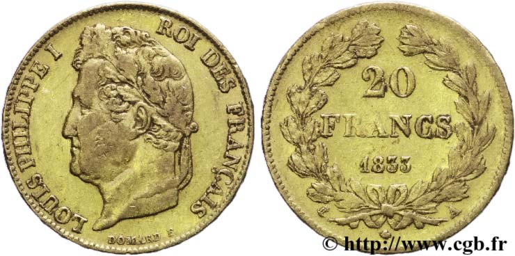 20 francs or Louis-Philippe, Domard 1833 Paris F.527/4 MBC40 