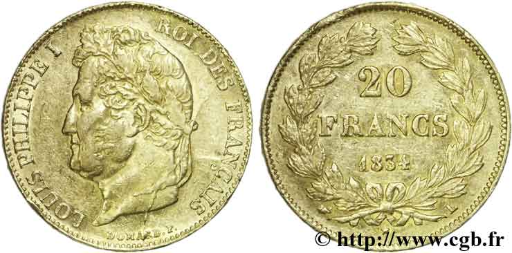 20 francs or Louis-Philippe, Domard, cassure de coin 1834 Bayonne F.527/9 SS48 