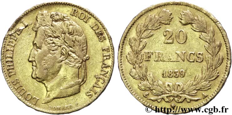 20 francs or Louis-Philippe, Domard, défaut de laminage 1839 Paris F.527/20 TTB45 